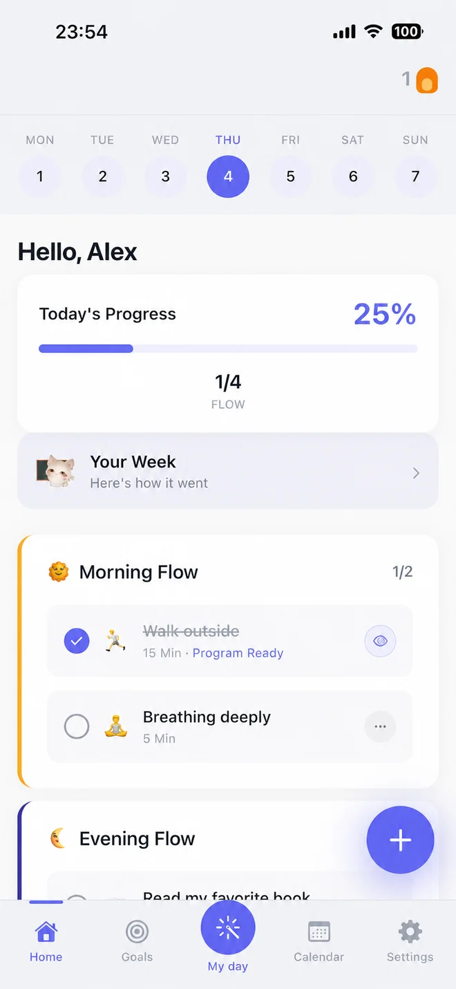 Flowly home screen: today's Morning Flow and Evening Flow with progress