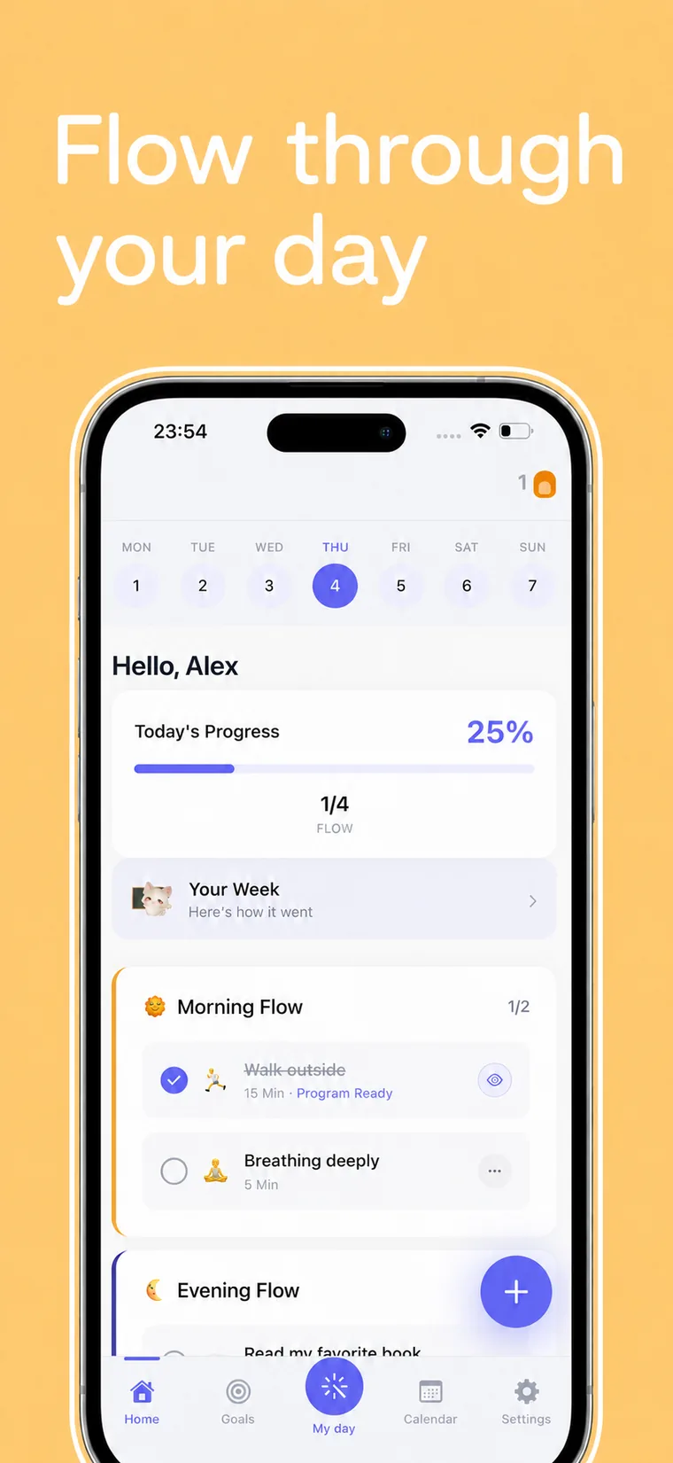 Flowly home screen: today's Morning Flow and Evening Flow with progress